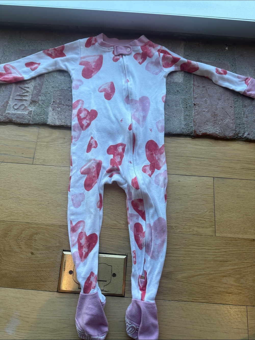 Heart-Print Pink Footed One-Piece Pajama for Kids